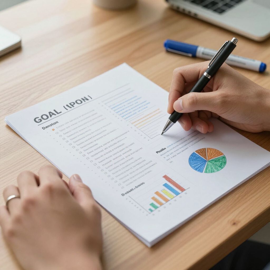 Hand writing on a goal-planning sheet with charts on a wooden desk
