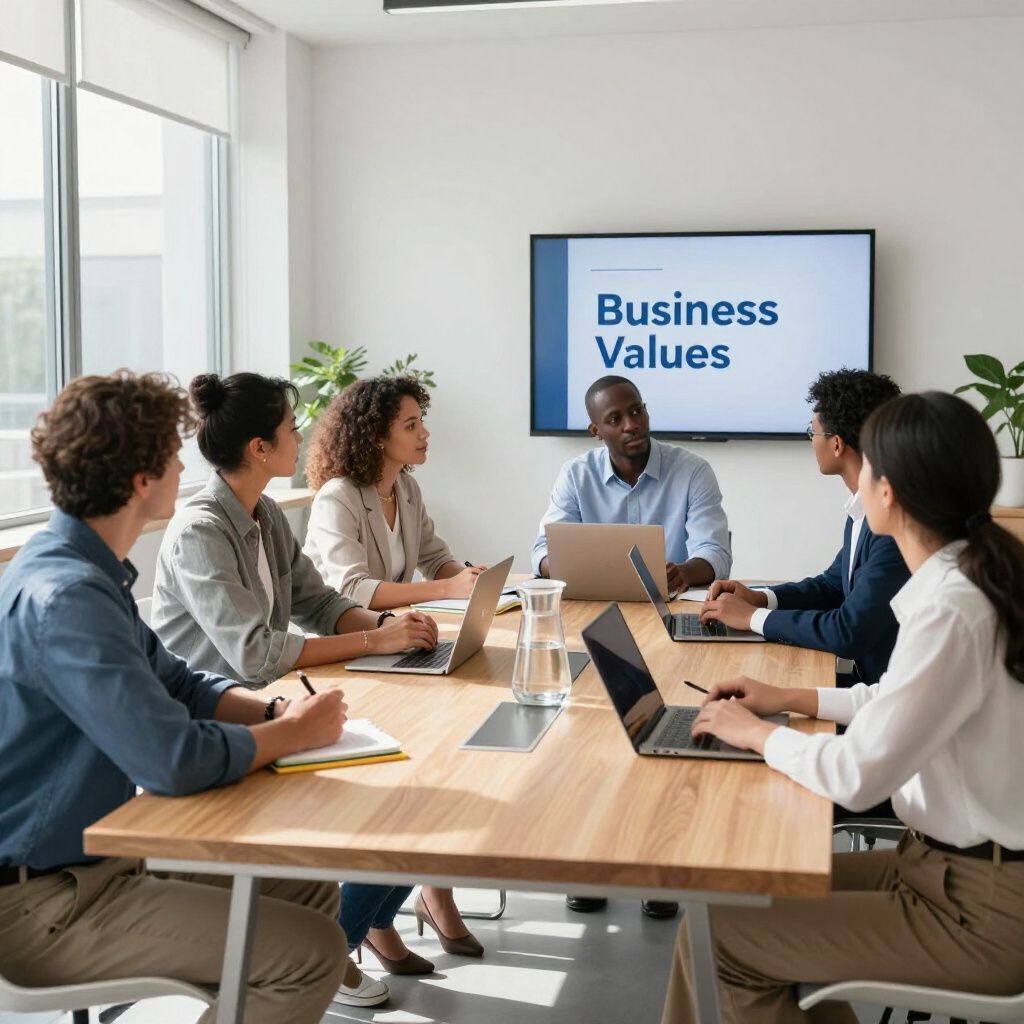 Business team meeting around a conference table with a presentation slide reading “Business Values”
