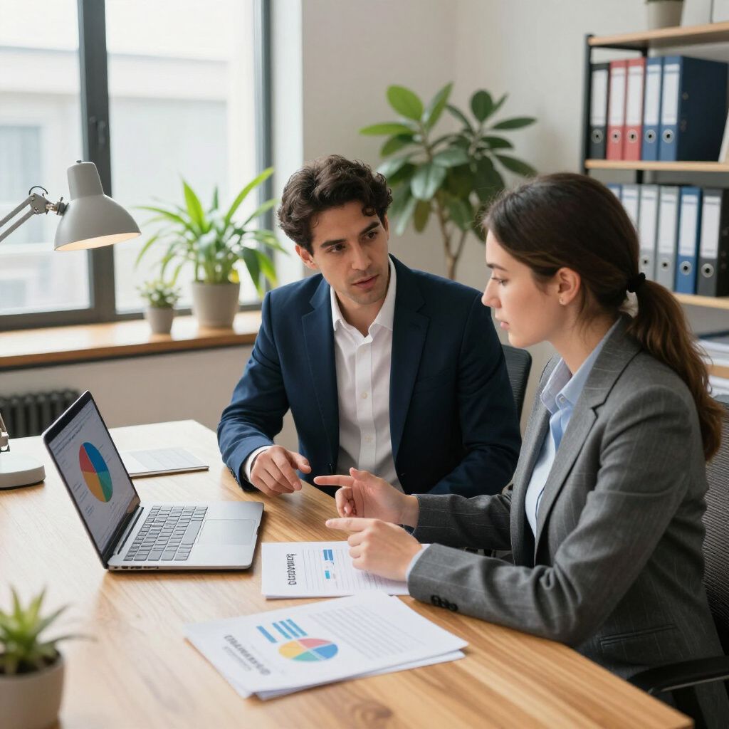 Two colleagues discussing charts at a desk with a laptop in a bright office