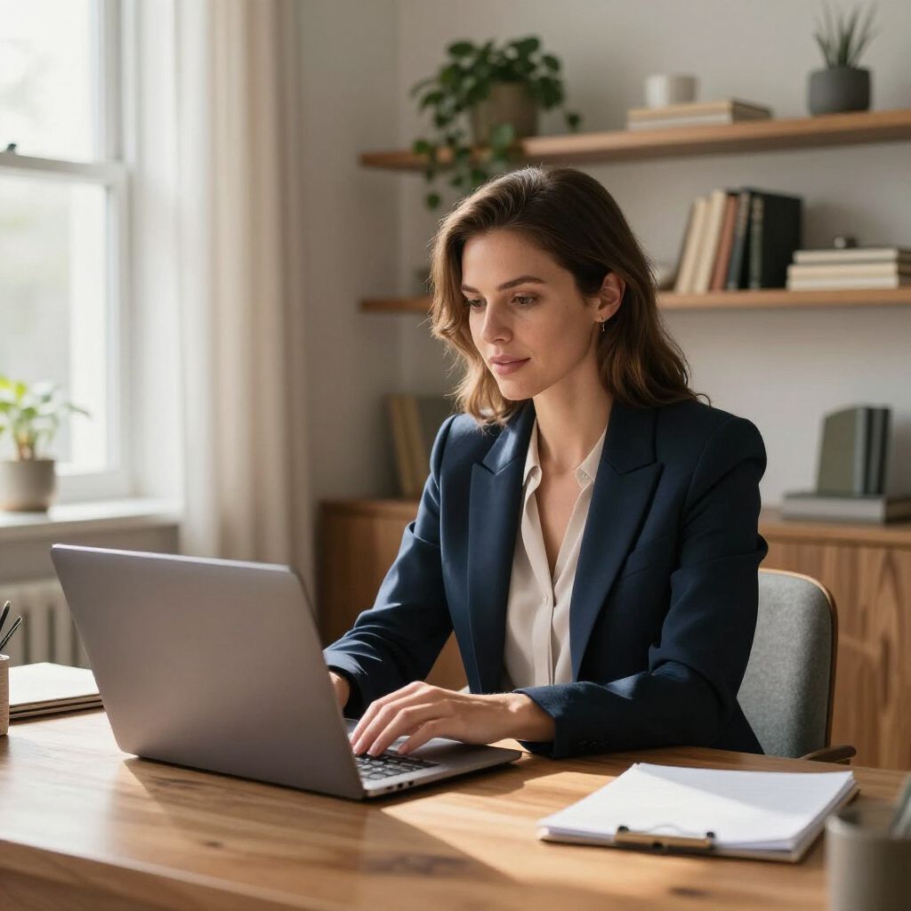 Woman working on a laptop at a wooden desk in a bright home office