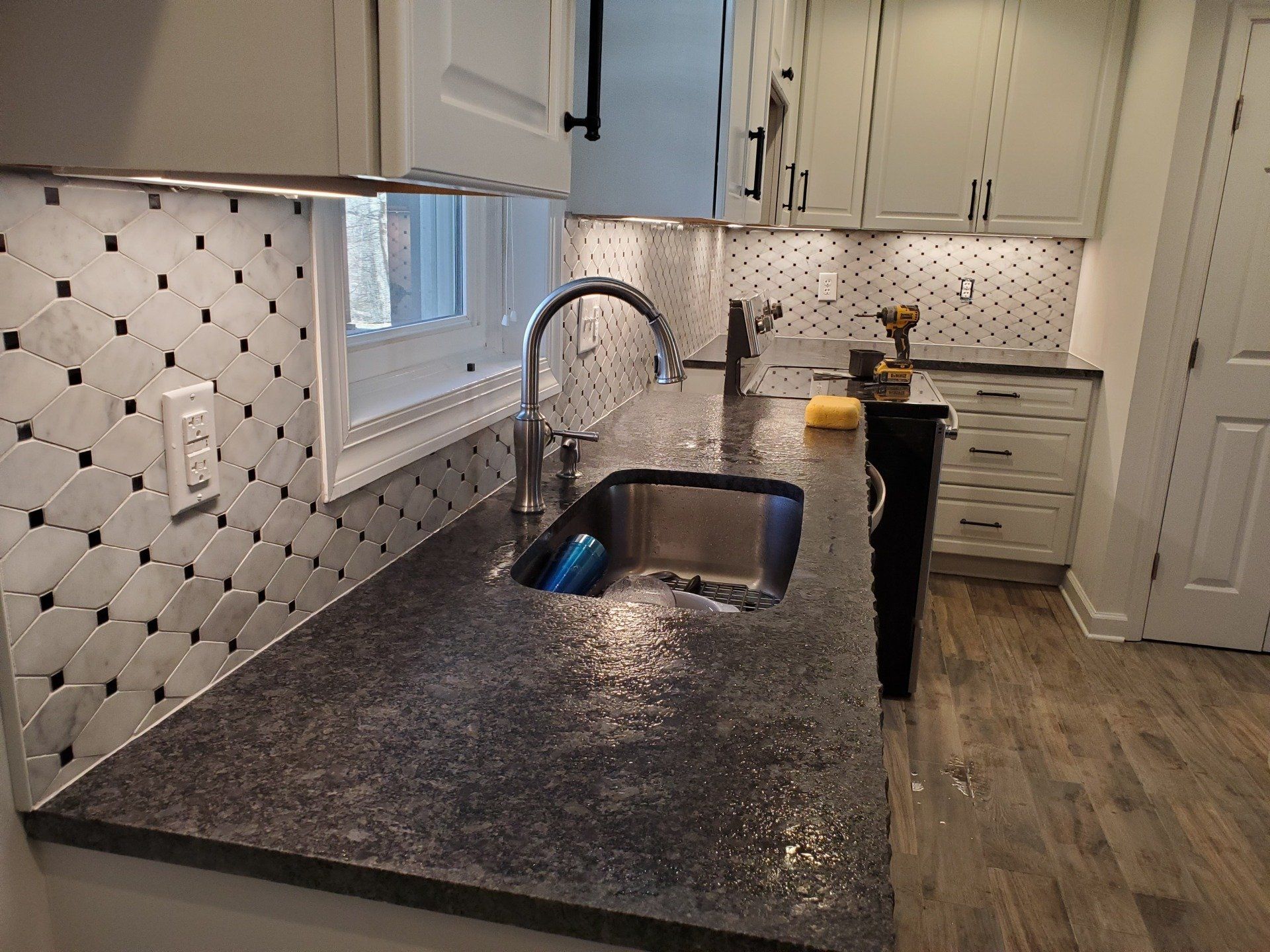 Kitchen with Gray Cabinets — Forest, VA — Straight Line Painting & Tile Inc. Kitchen with Gray Cabinets — Forest, VA — Straight Line Painting & Tile Inc.
