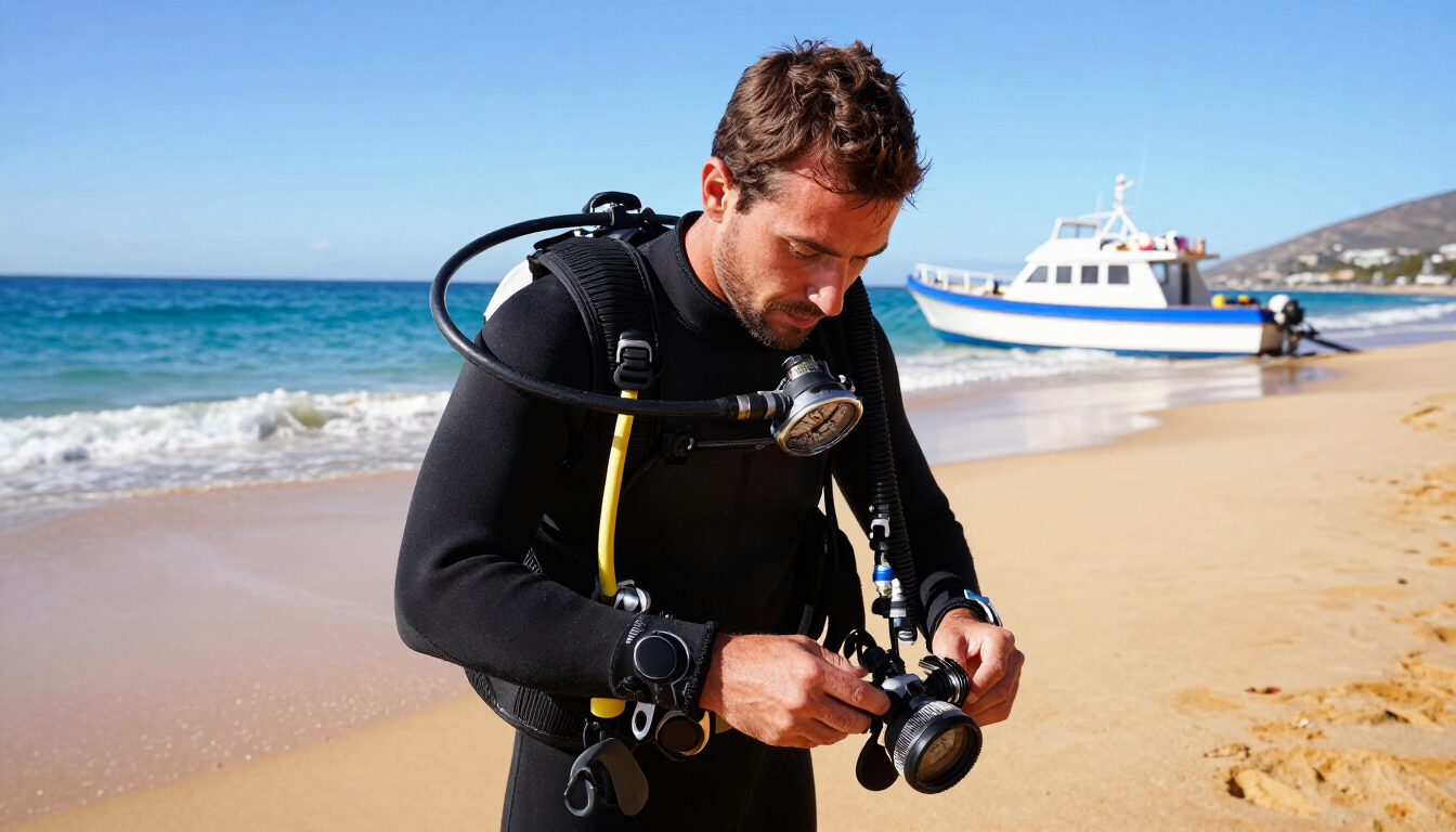 Scuba diver checking gear