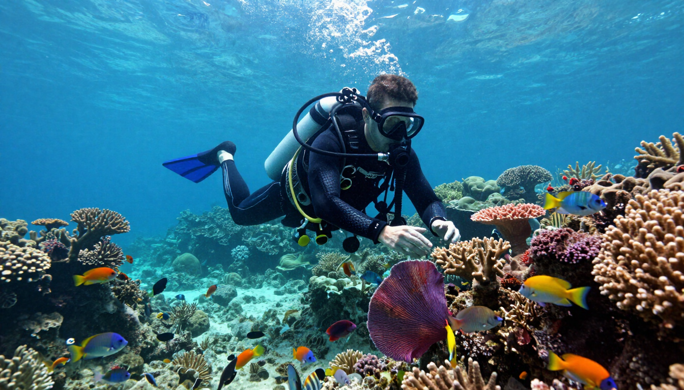 A professional scuba diver exploring a vibrant coral reef.