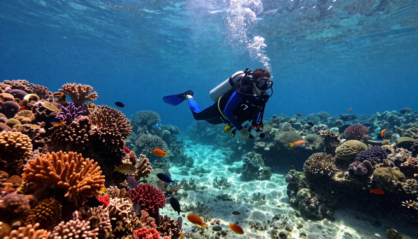 A scuba diver mask underwater with bubbles and blue light.