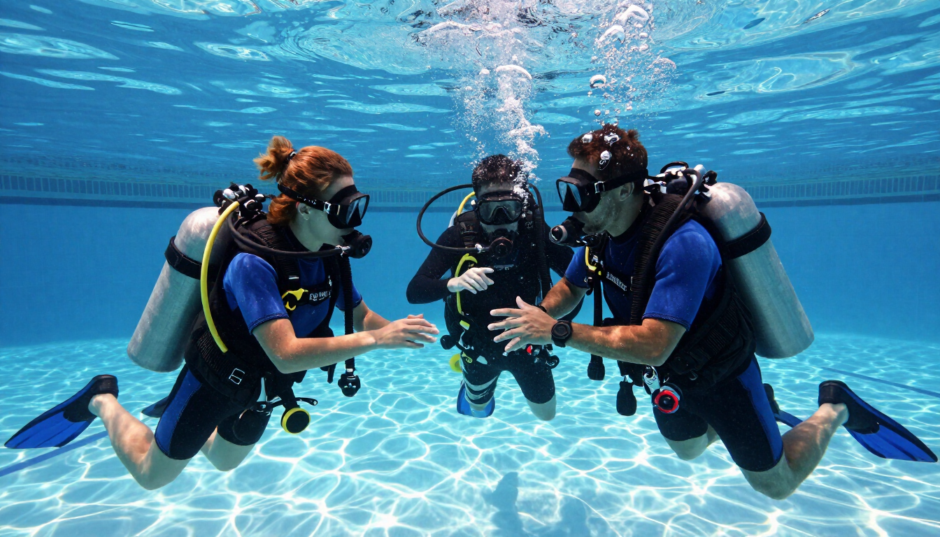 Scuba instructor and students