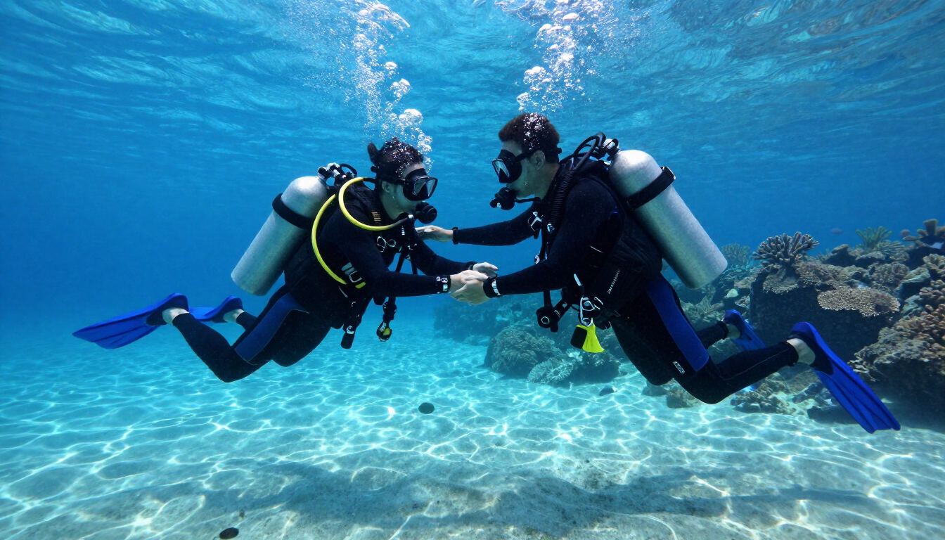 Scuba divers practicing rescue techniques in clear water