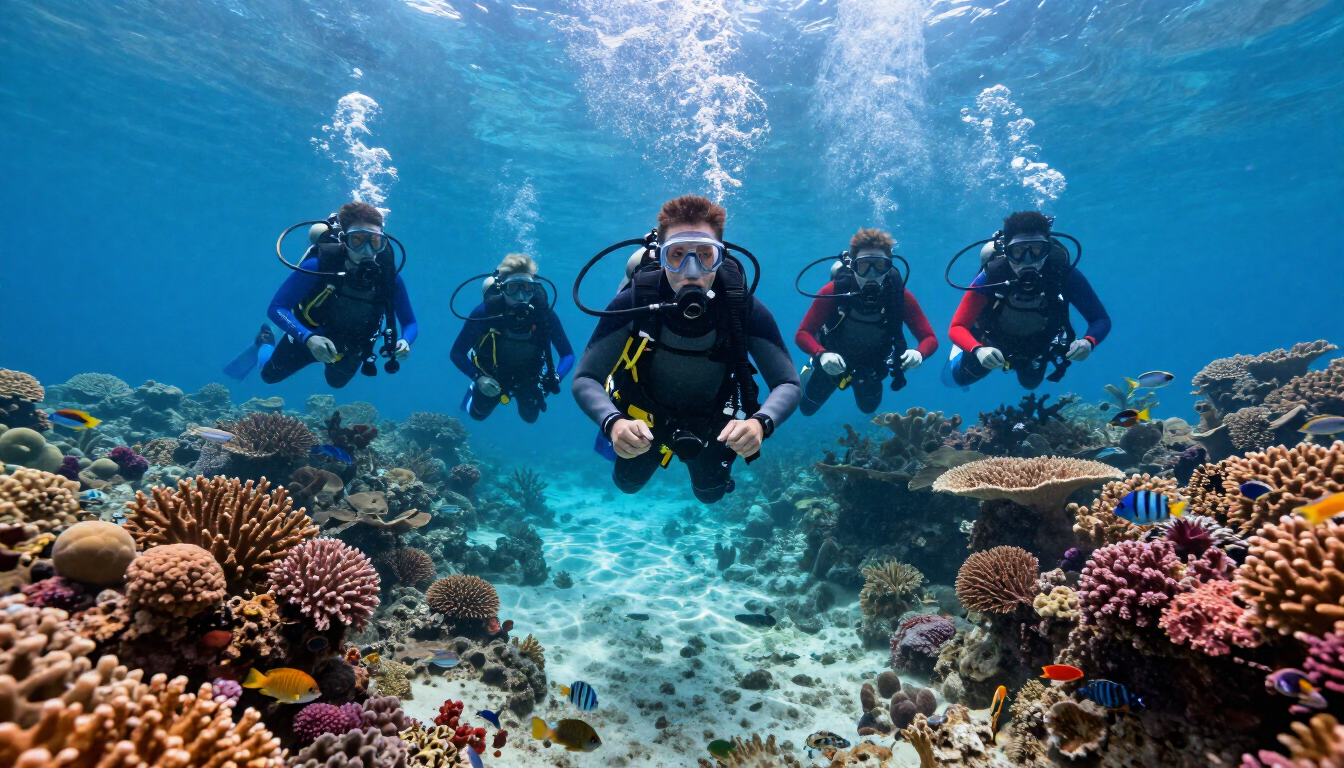 A professional scuba divemaster guiding a group through a vibrant coral reef.