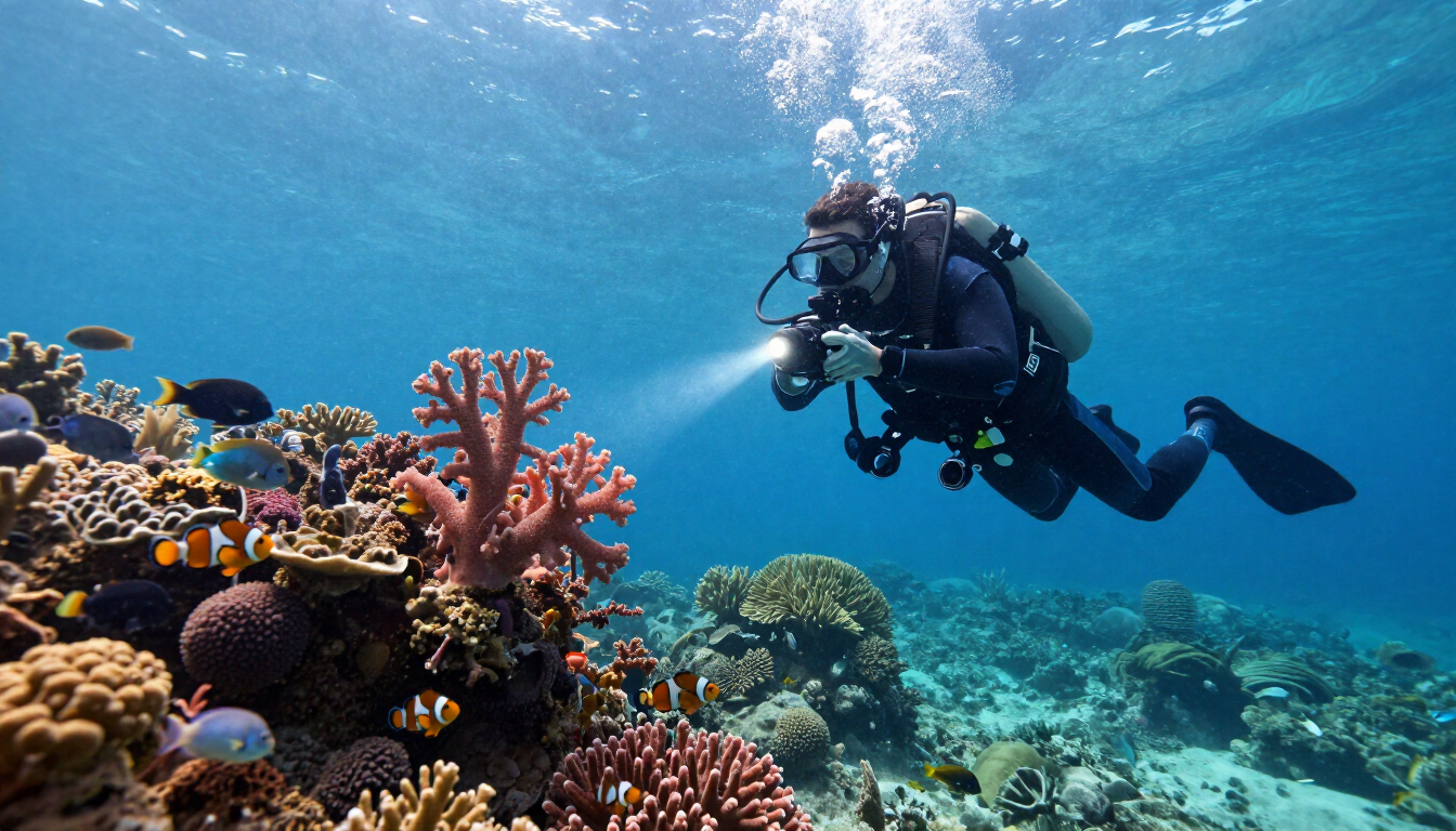 Scuba diver taking photos of coral reef in Sodwana Bay