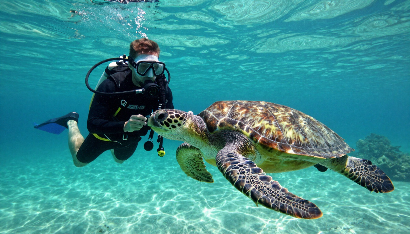 Diver with Turtle