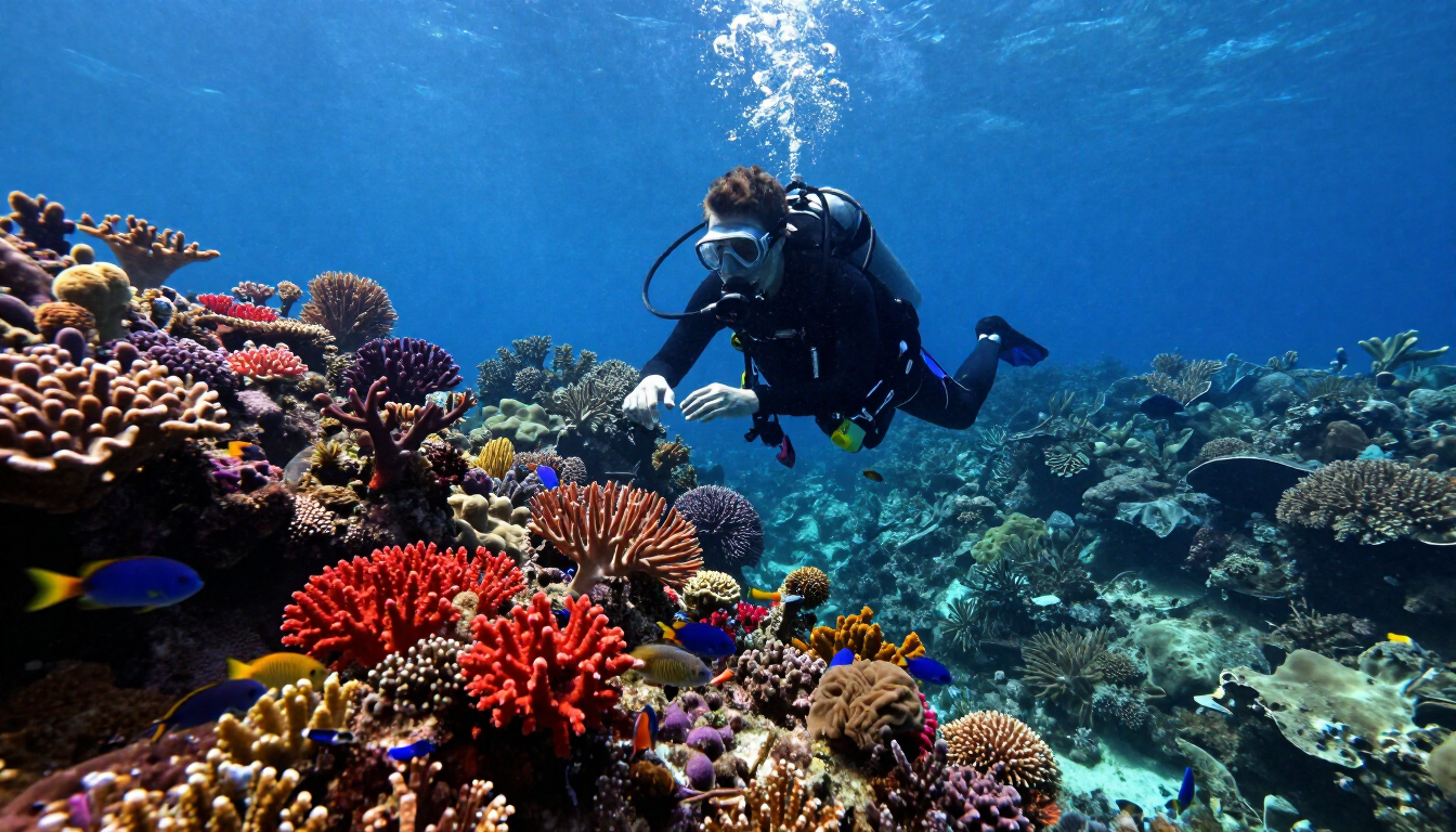 A scuba diver using a compass for underwater navigation near a coral reef.