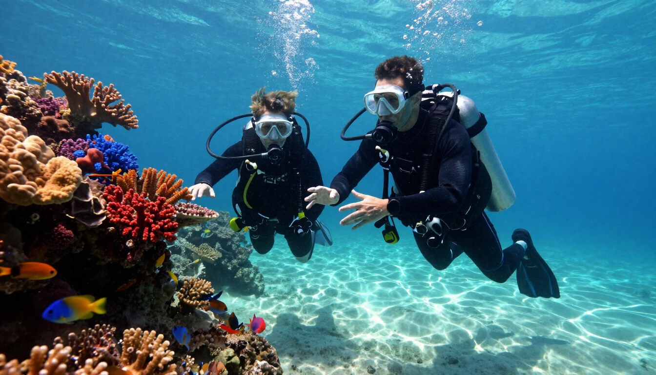Professional scuba diving instructor and student underwater training session.