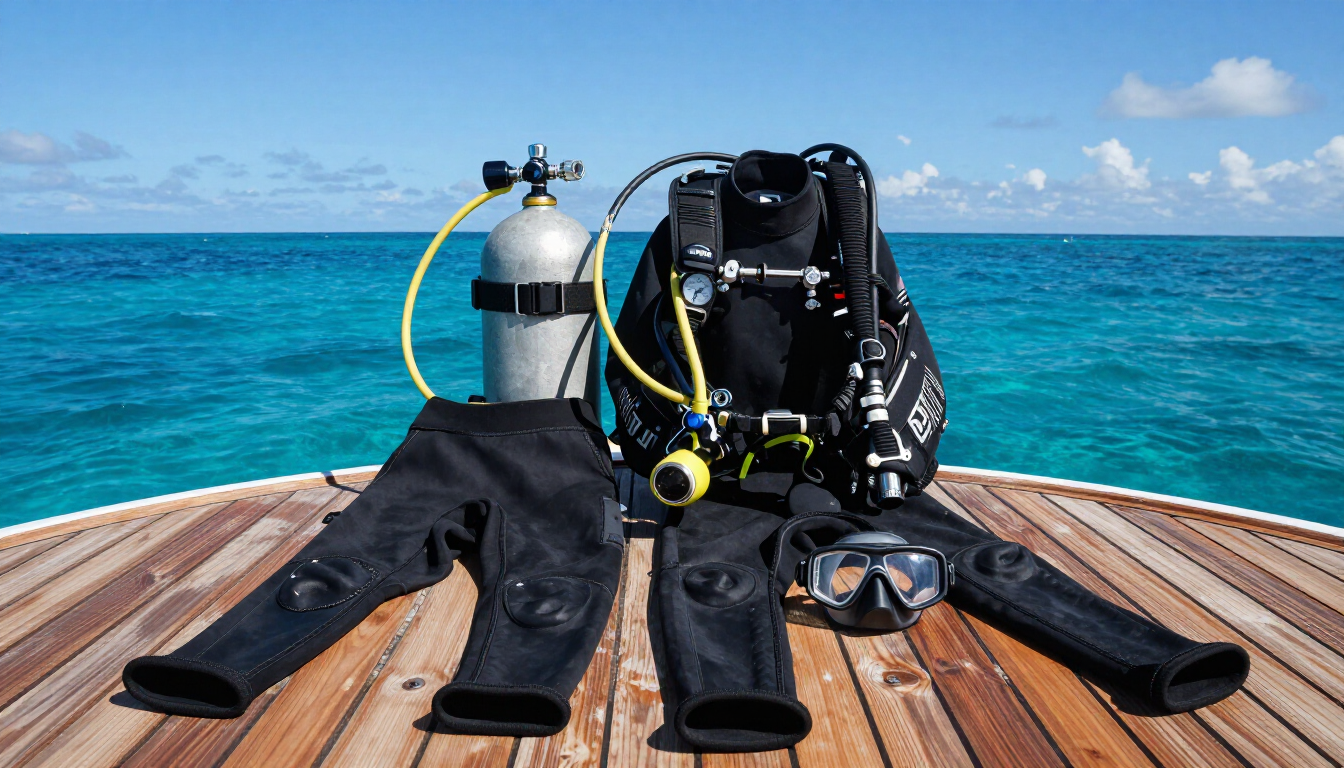 Professional scuba gear on a boat deck