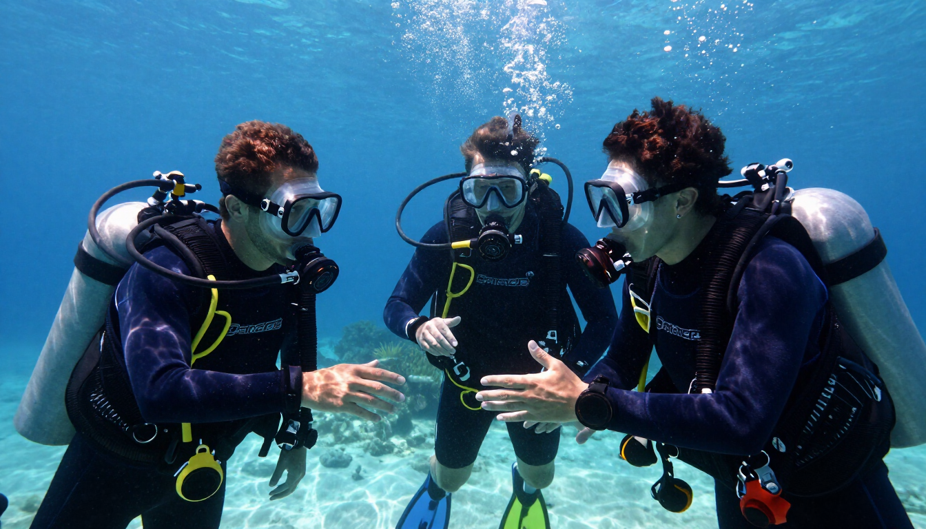 A scuba instructor guiding a small group of students underwater in a clear training environment.