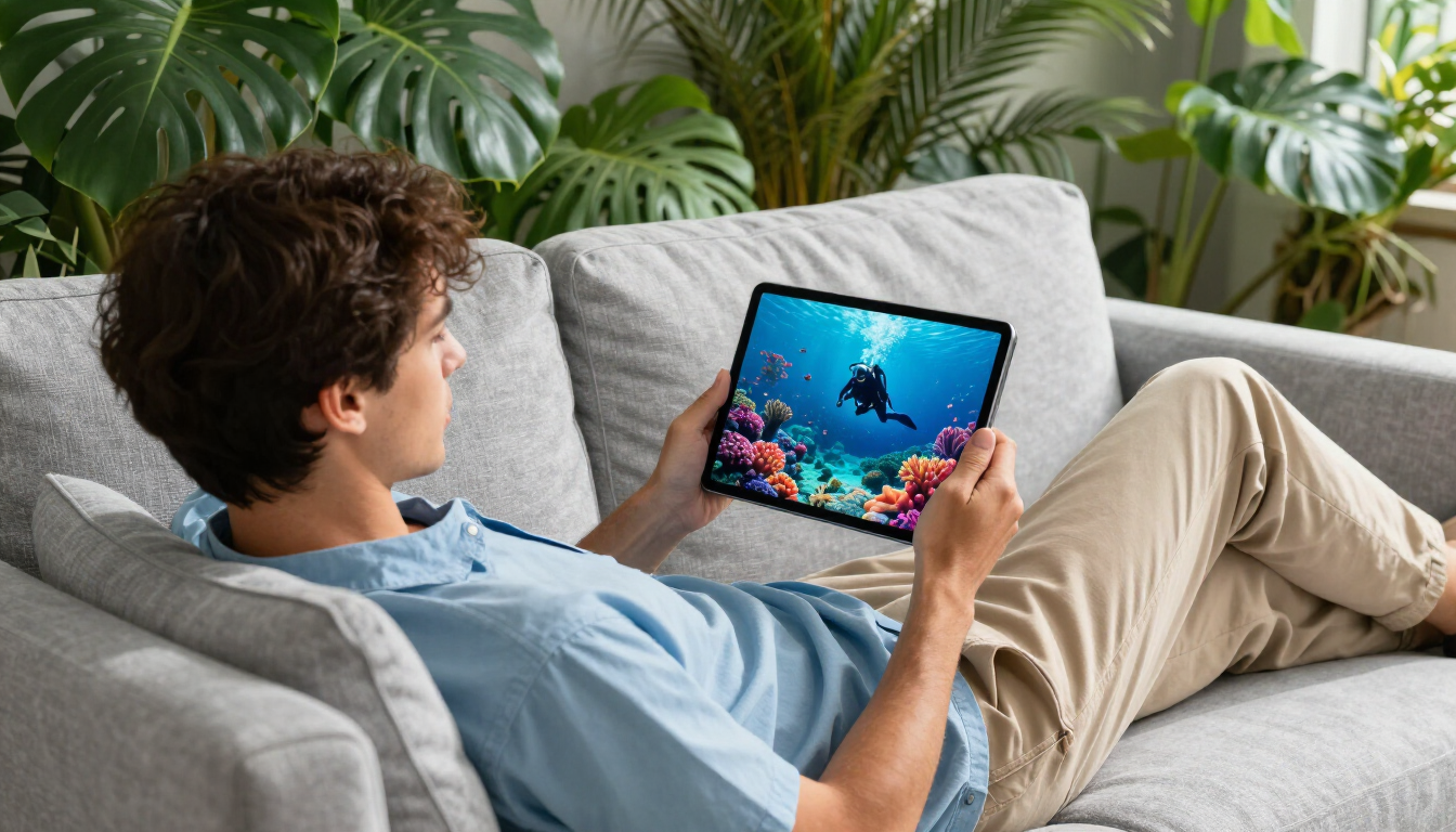 Student using PADI eLearning on a tablet at home.