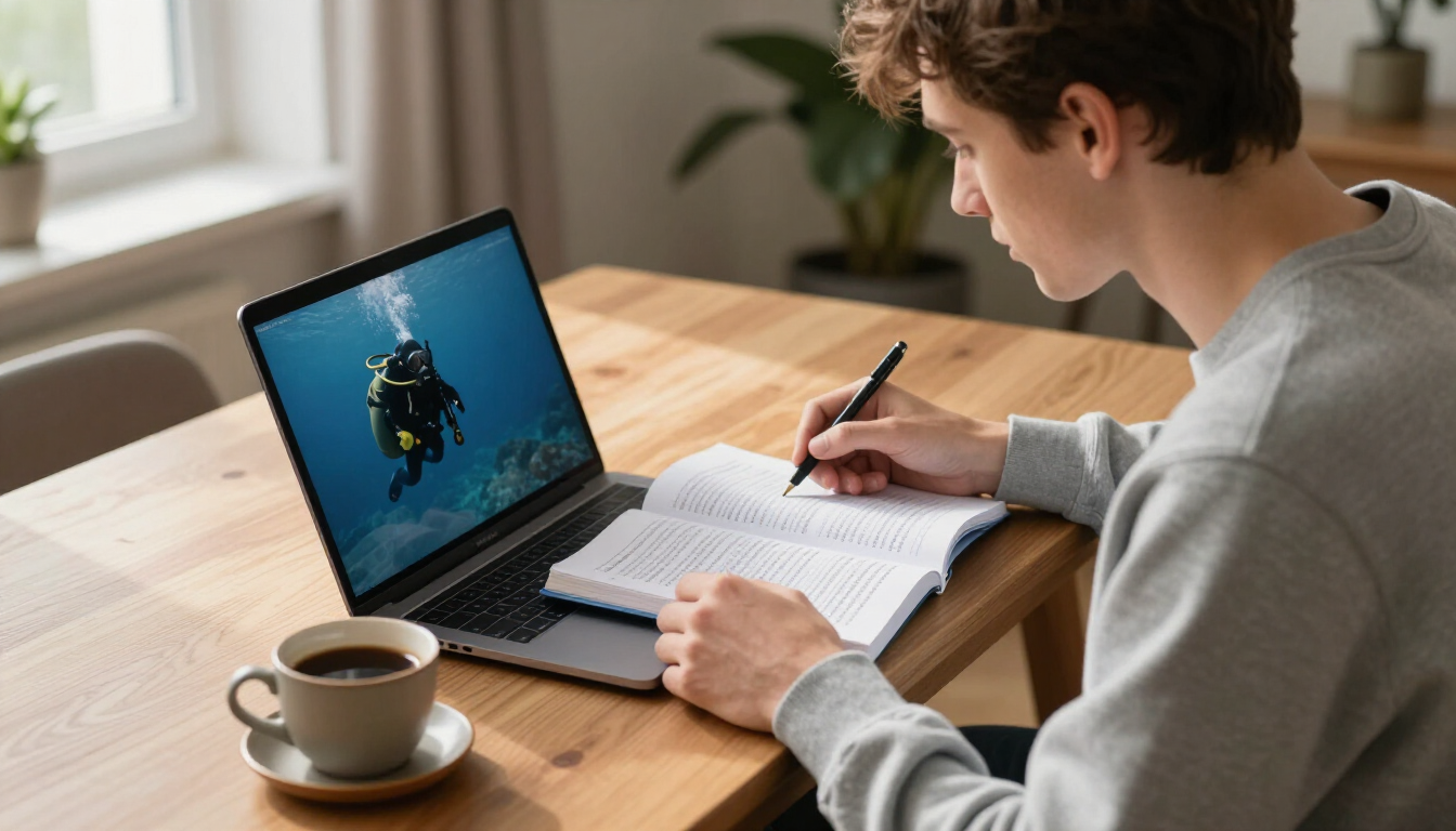 Student studying scuba diving theory on a laptop