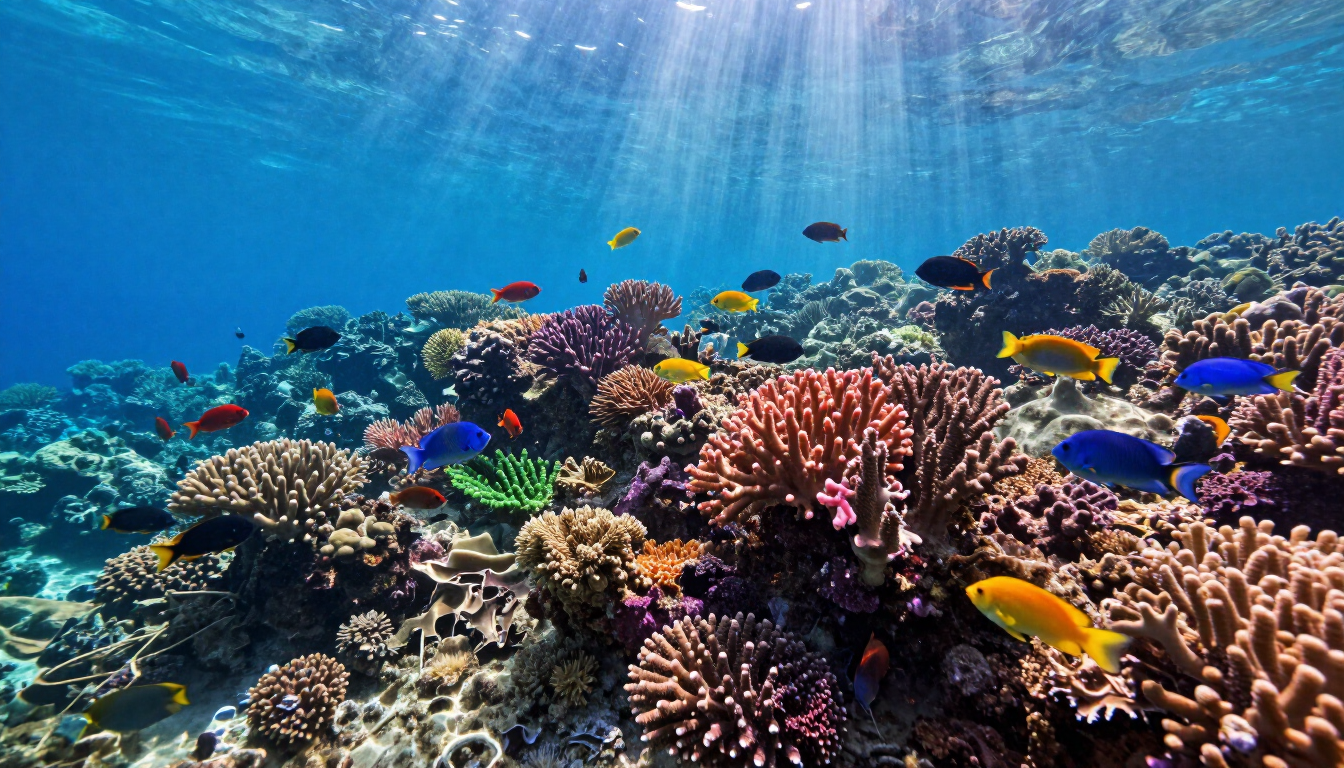 Colorful coral reef in Sodwana Bay with schools of fish