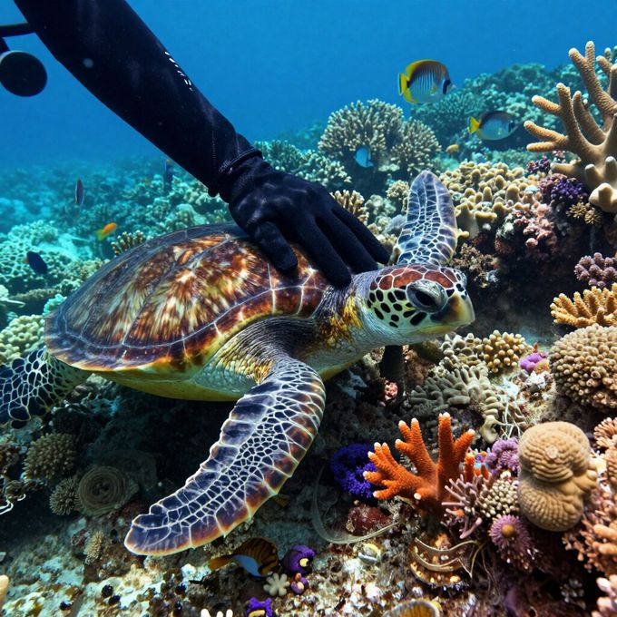 Diver’s gloved hand gently touches a sea turtle over colorful coral reef underwater