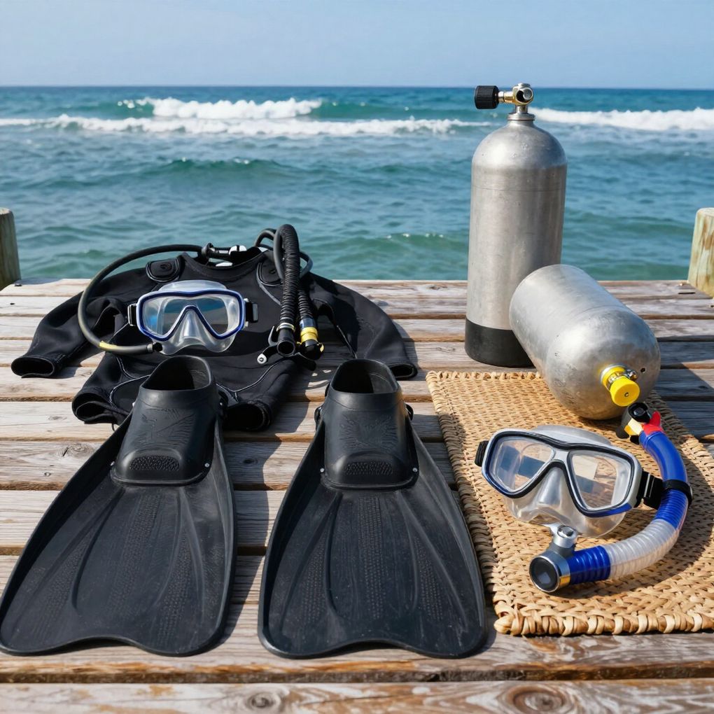 Diving gear with fins, mask, tanks, and hoses laid out on a dock by the ocean