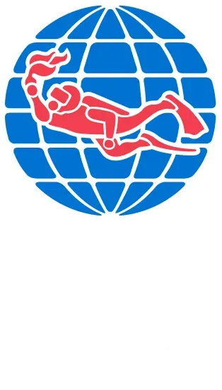 Red diver silhouette over a blue globe grid logo