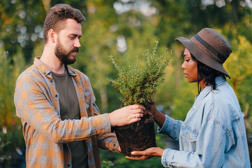 Two people in a garden pass a potted plant between them, with greenery blurred in the background.