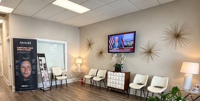 The welcoming shared customer lobby at the Greenville office space
