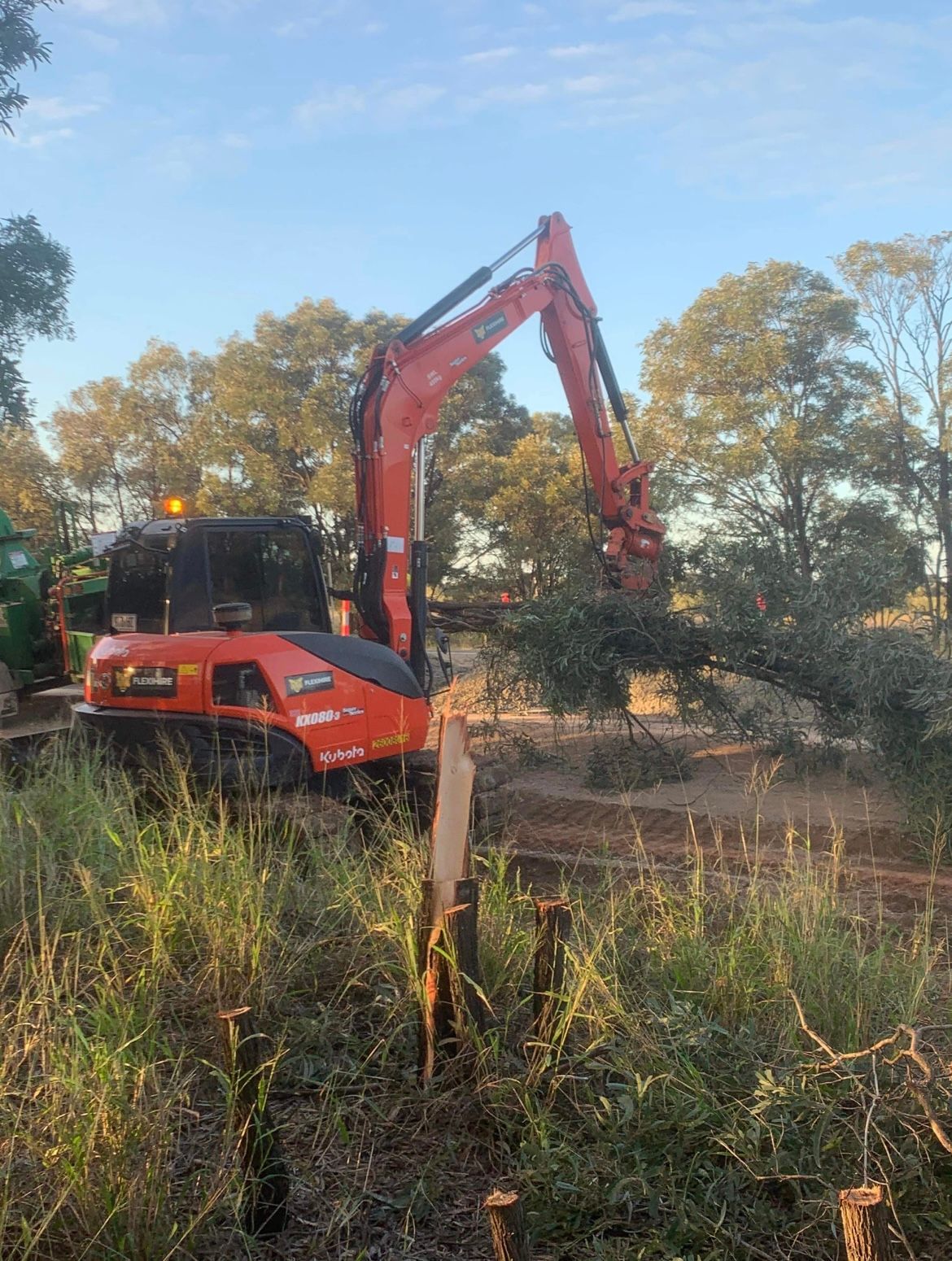 A large orange excavator is cutting down trees in a field.