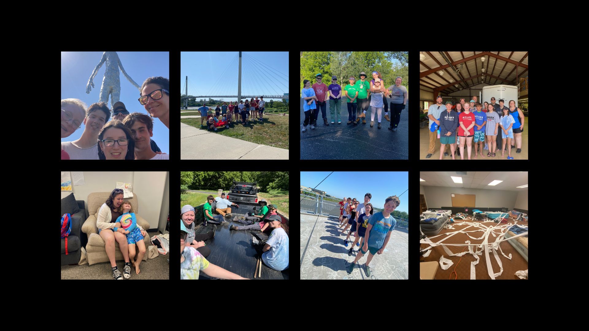 Eight photos in a grid showing groups of people engaged in activities outdoors and indoors.