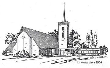 Drawing of a church with a tall steeple, circa 1956. Features a cross and several trees.