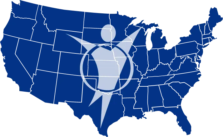 Blue map of the US with a white person icon in a circle in the center.