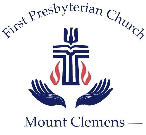 First Presbyterian Church logo, Mount Clemens. Cross with book, flames, and hands in blue and red.