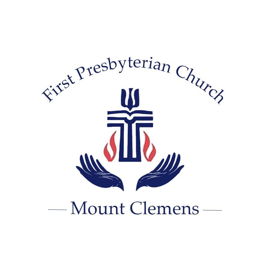 Logo for First Presbyterian Church, Mount Clemens: a blue cross, hands, and flames on a white background.