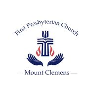 Logo for First Presbyterian Church, Mount Clemens: a blue cross, hands, and flames on a white background.