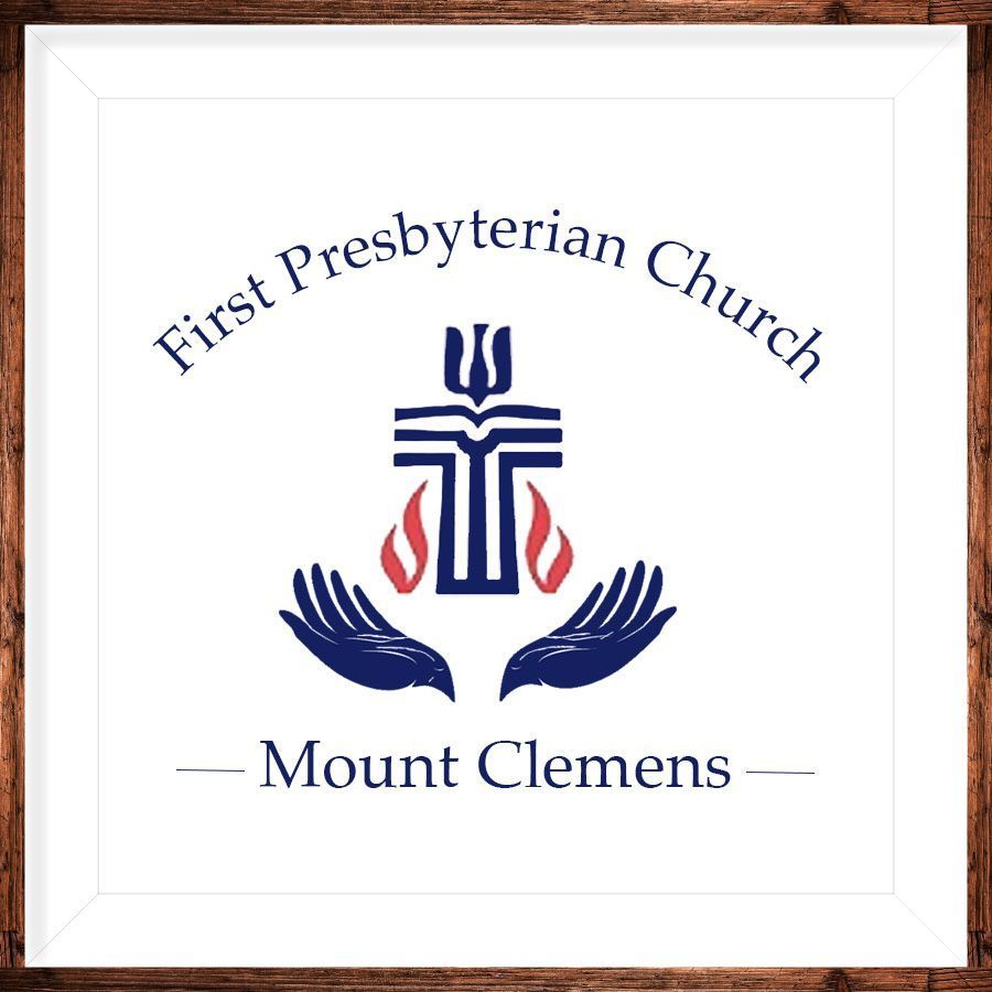 First Presbyterian Church logo with cross, hands, and flames; Mount Clemens.