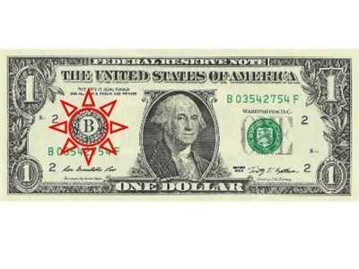 One-dollar bill with George Washington portrait, serial number, and a circled letter