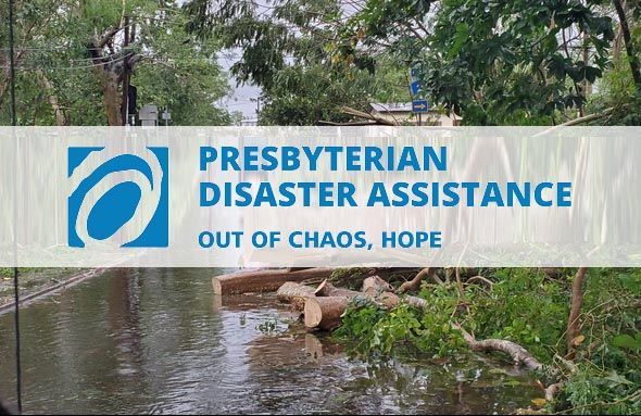 Presbyterian Disaster Assistance logo over a flooded road with fallen trees. Text: 