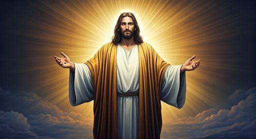 Jesus with outstretched arms in white and gold robes, glowing against a dramatic clouded sky