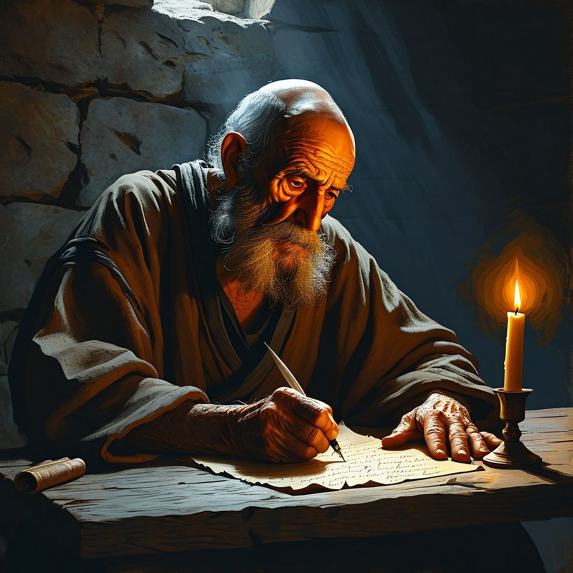 An elderly scribe writes by candlelight at a wooden desk in a dim stone room.