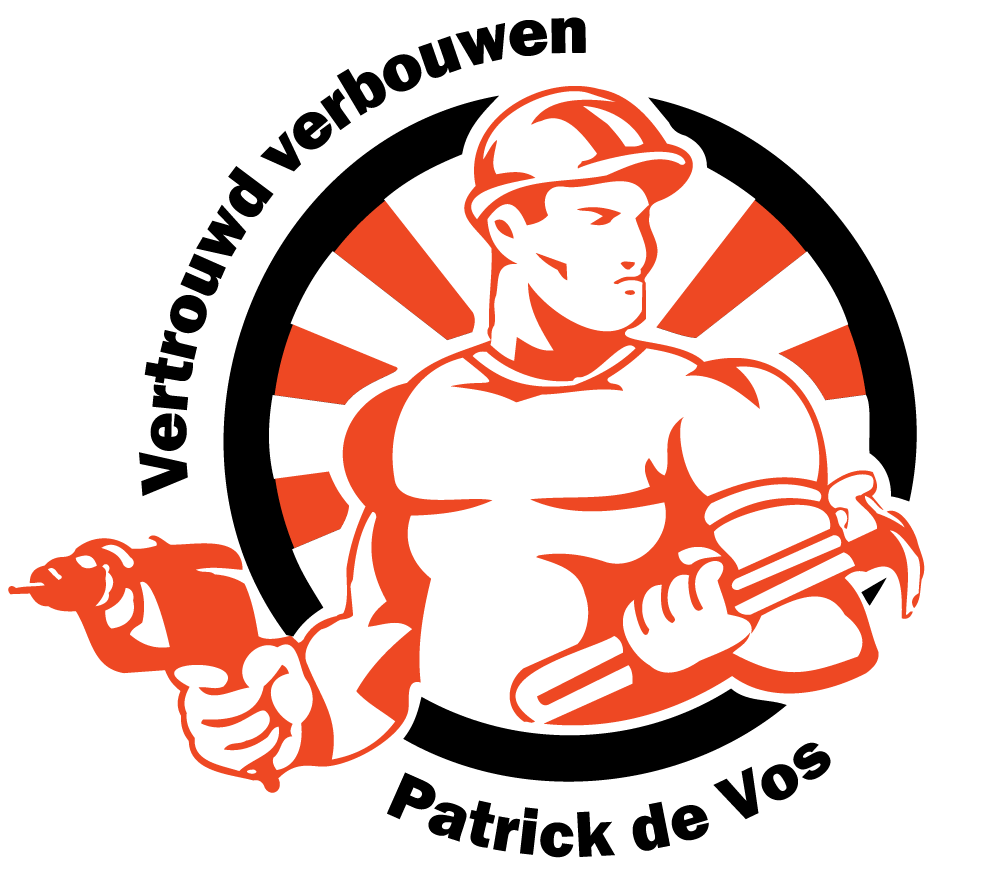 Logo of a red-and-white worker holding a hammer and paint roller, with text “Vertrouw verbouwen Patrick de Vos”