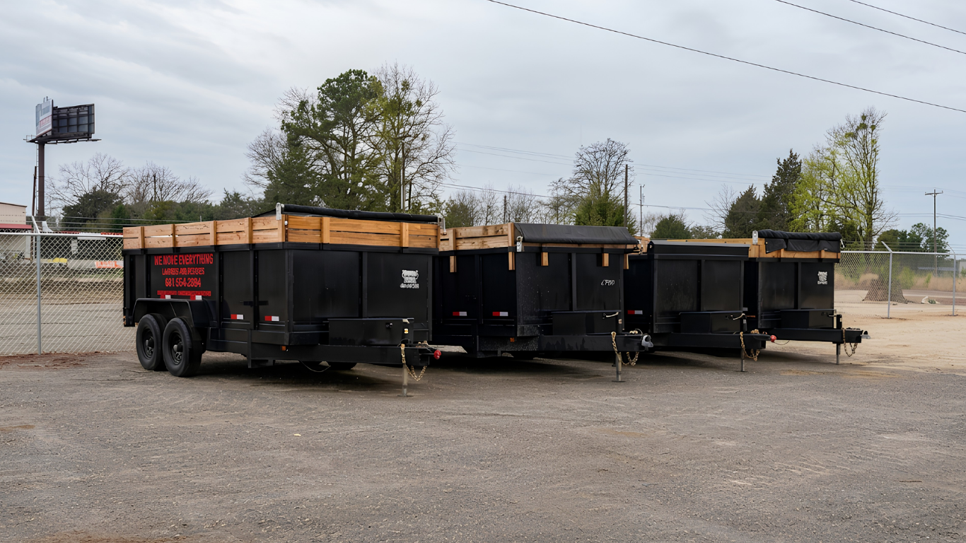 Three semi-trucks are parked side-by-side in a paved lot during the day, featuring a white, a white-and-red, and a red truck.