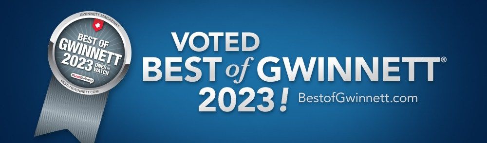 Ribbon badge reading “Voted Best of Gwinnett 2023” on a blue background, with bestofgwinnett.com text.