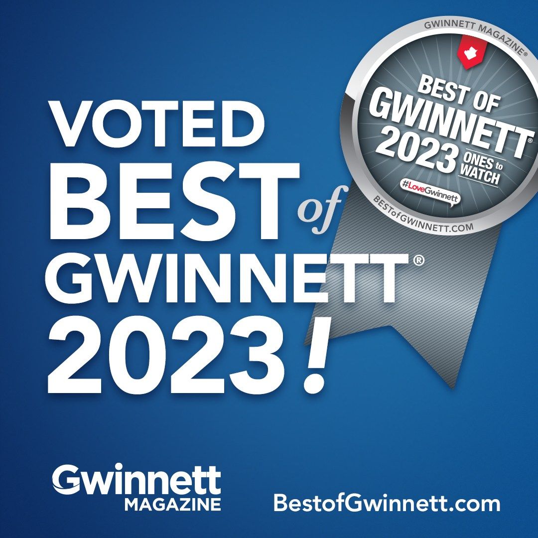 Blue “Voted Best of Gwinnett 2023” award badge for Gwinnett Magazine