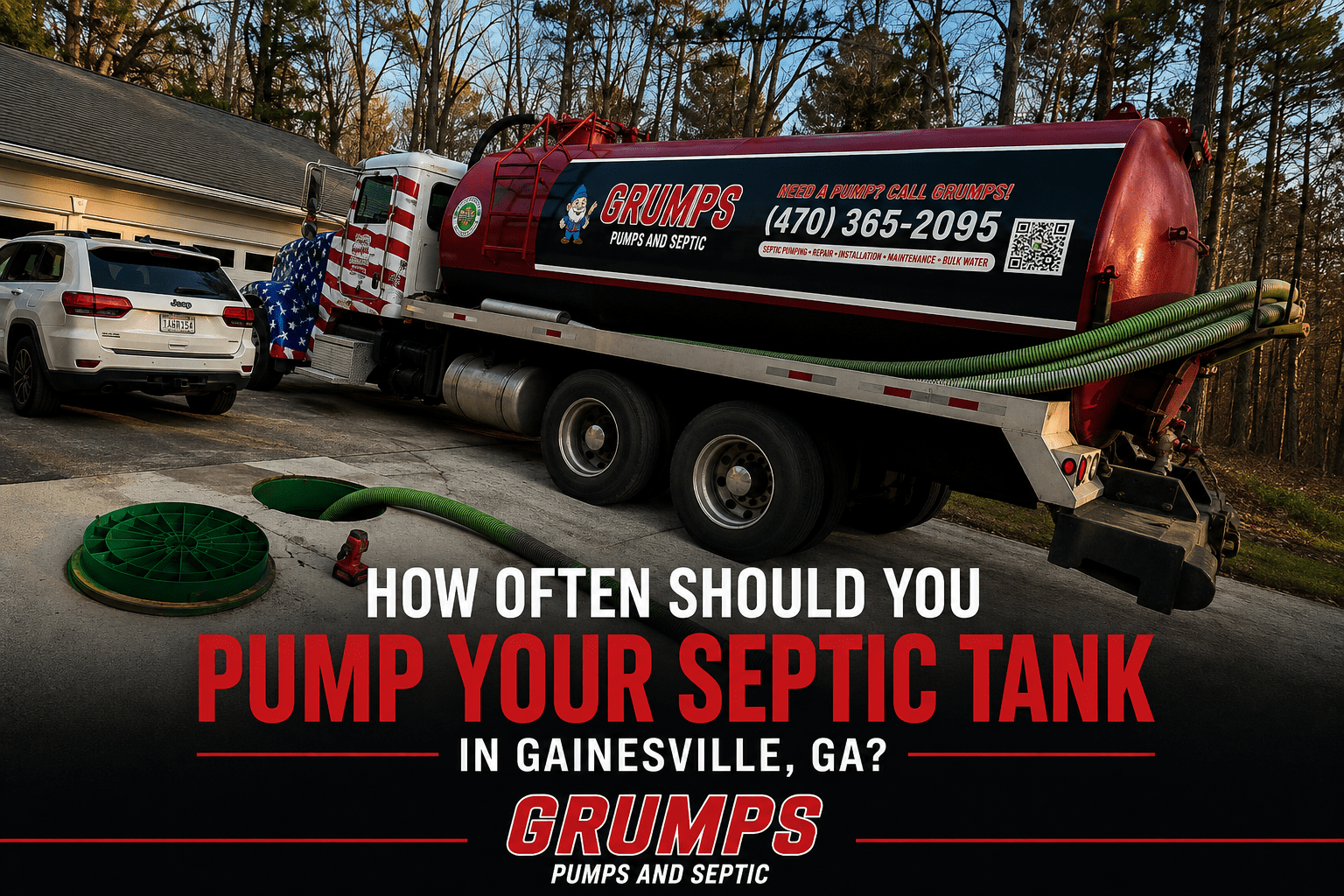Septic pump truck beside a home, with text: “How often should you pump your septic tank in Gainesville, GA?”