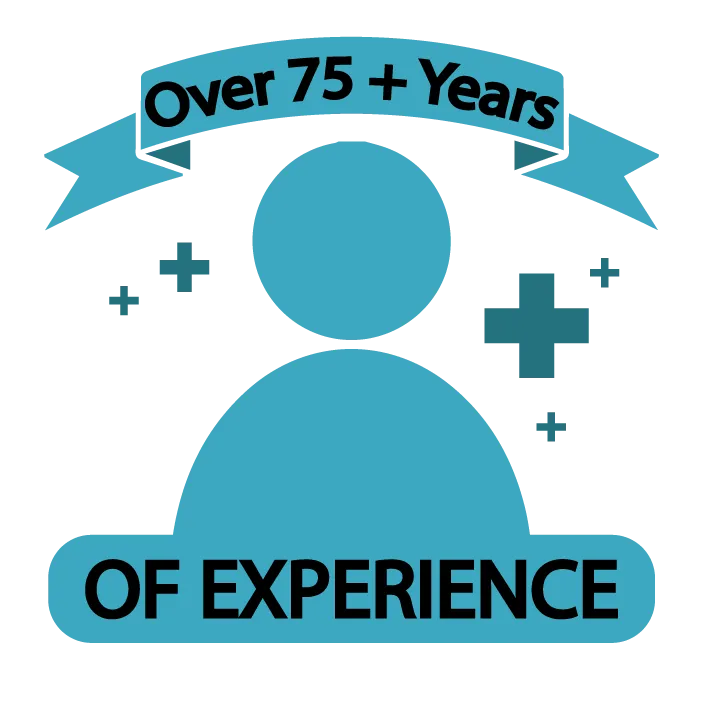 Teal icon with banner reading “Over 75+ Years” and base text “OF EXPERIENCE”