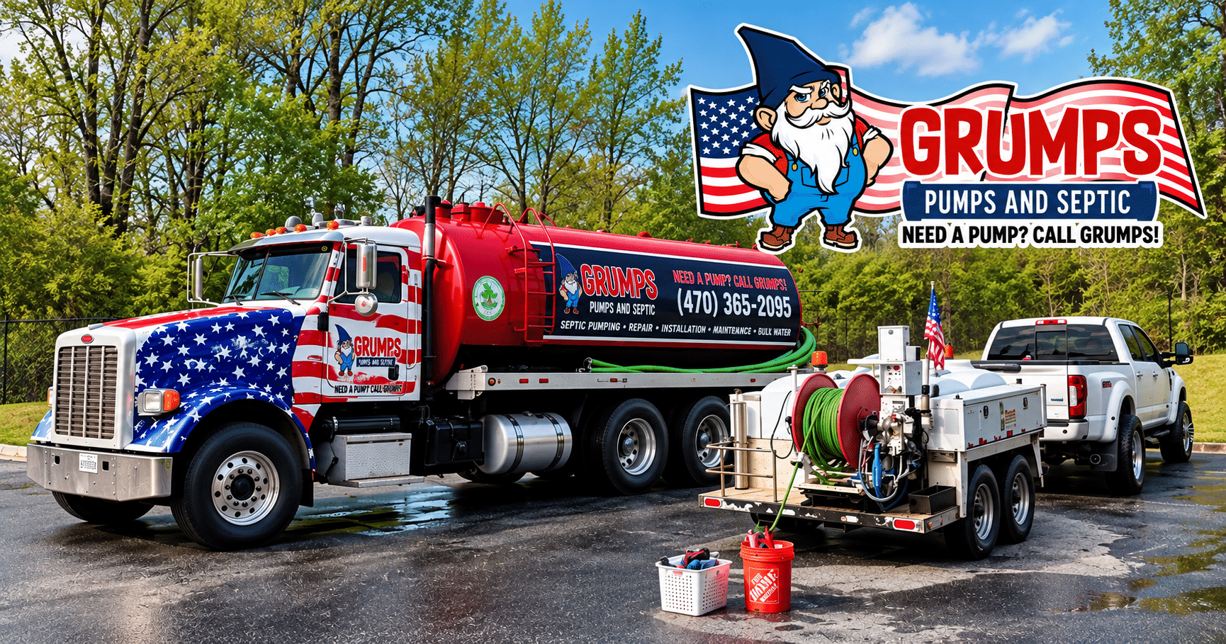 Red, white, and blue Grumps Pump & Septic trucks parked outdoors with hoses and equipment
