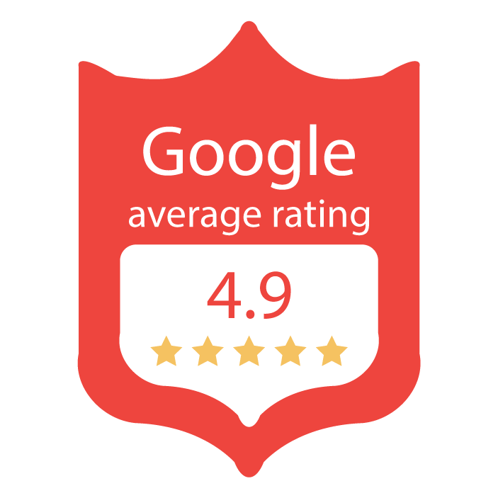Red Google rating badge showing 4.9 average rating and five gold stars
