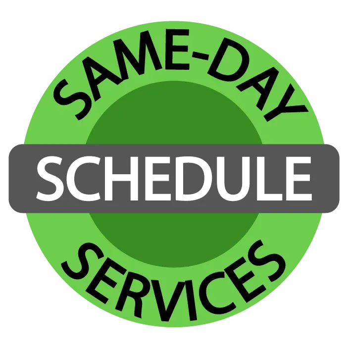 Same-day schedule services logo with green circle and gray banner text