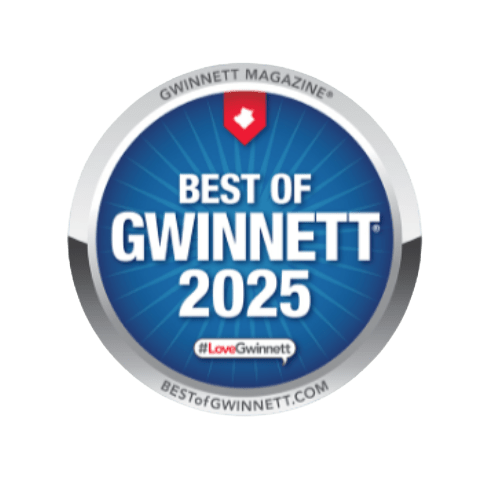 Best of Gwinnett 2025 blue circular award badge with white text and red Georgia icon