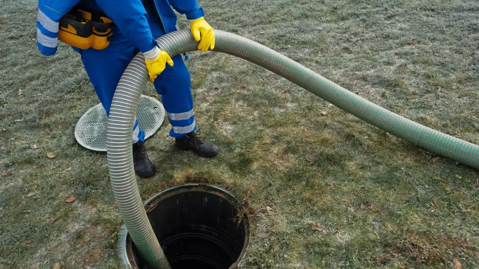 Worker in blue and yellow gear handling hoses over an open manhole on grass