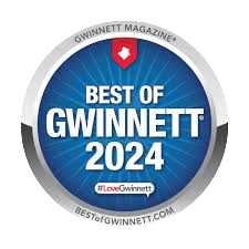 Best of Gwinnett 2024 blue award badge with red top and white text, Gwinnett Magazine and #LoveGwinnett logos