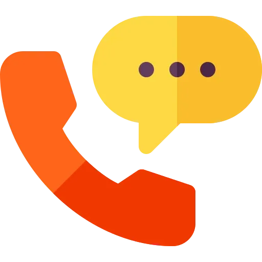 Orange phone handset with yellow chat bubble and three dots, suggesting a call or messaging icon
